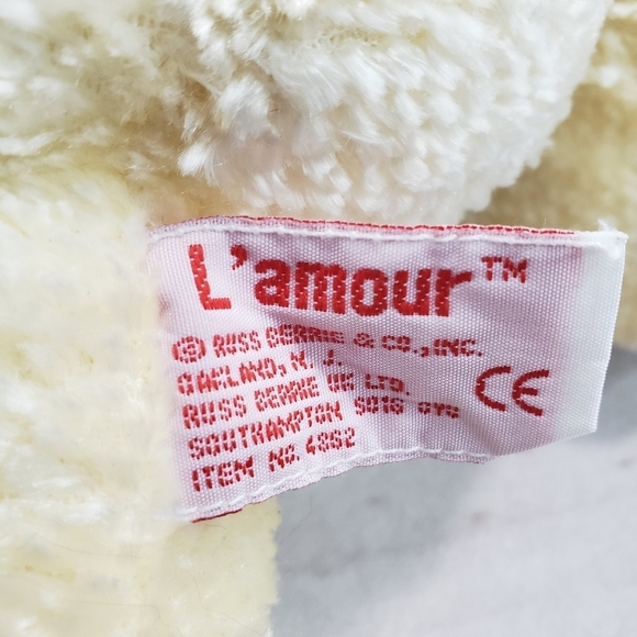 Russ L'amour Chenille Cream Valentine Teddy Bear Red Velvet Heart 12 Inch 4862 - Picture 9 of 11